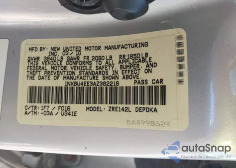 2010 Toyota Corolla Le из США, поврежденный, VIN 1NXBU4EE3AZ382216